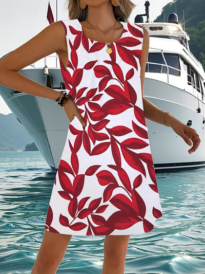 Elegantes rotes ärmelloses Sommerkleid mit Blumenmuster