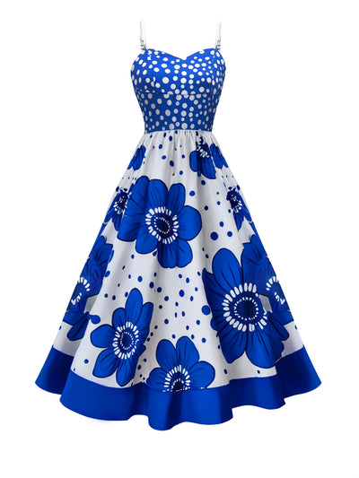 Weiß-blaues Sommer-Trägerkleid mit Blumenmuster