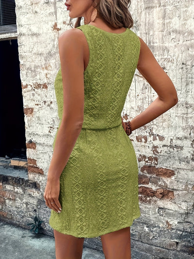 Elegantes Kleid mit Spitze und Kordelzug in der Taille Geometrisch weiß ärmellos