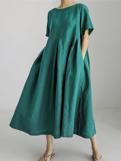 Leinen-Mix Midi-Kleid mit Taschen – Kurzarm Hochtailliert Sommermode