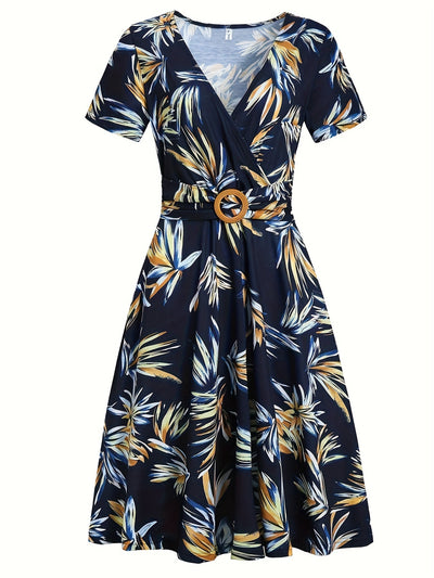 Elegantes Midikleid mit tropischem Blätterprint – V-Ausschnitt, kurze Ärmel