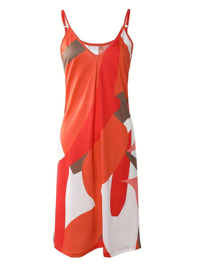 Midi-Kleid mit abstraktem Muster, orangefarben, Casual, mit V-Ausschnitt