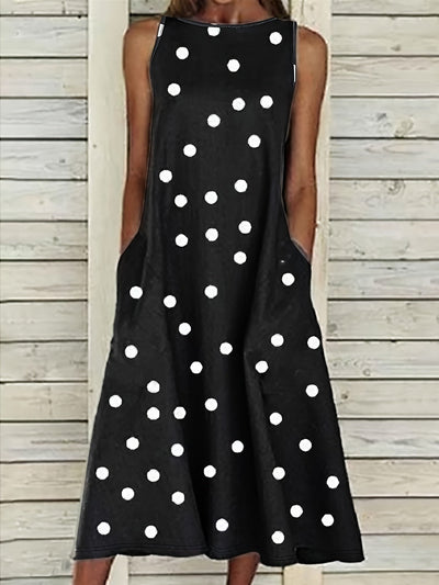 Damen Sommerkleid Polka Dot Langes Ärmelloses Schößchen Bequemes Urlaubskleid