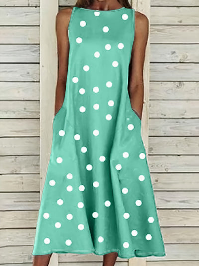 Damen Sommerkleid Polka Dot Langes Ärmelloses Schößchen Bequemes Urlaubskleid