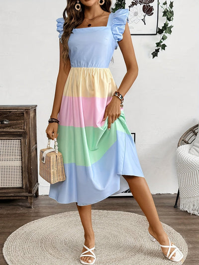 Gestreiftes Damenkleid Quadratischer Ausschnitt, Puffärmel Blau