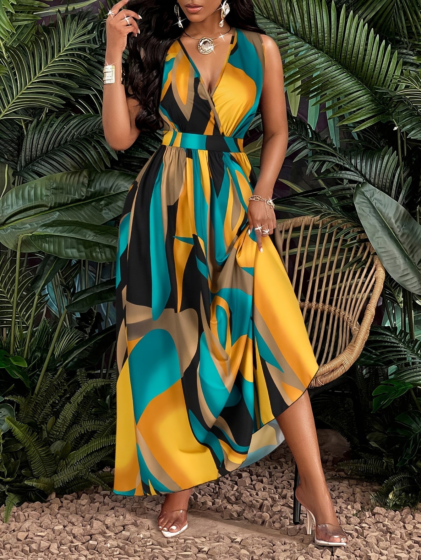 Tropisches Maxikleid in Gelb mit V-Ausschnitt und Blumenmuster
