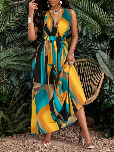 Tropisches Maxikleid in Gelb mit V-Ausschnitt und Blumenmuster