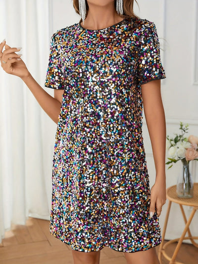 Elegantes Sommerkleid – Kniehohe Tunika mit Pailletten, Rundhalsausschnitt & Lockere
