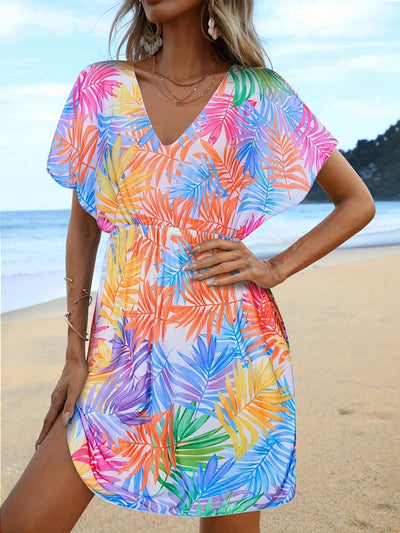 Bohemian Strandkleid mit Porzellan-Print – Mini-Kleid mit V-Ausschnitt