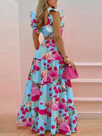 Zweiteiliges Set: Kurzes Oberteil mit Rüsche und ausgestellter Rock - Summer Holiday Style