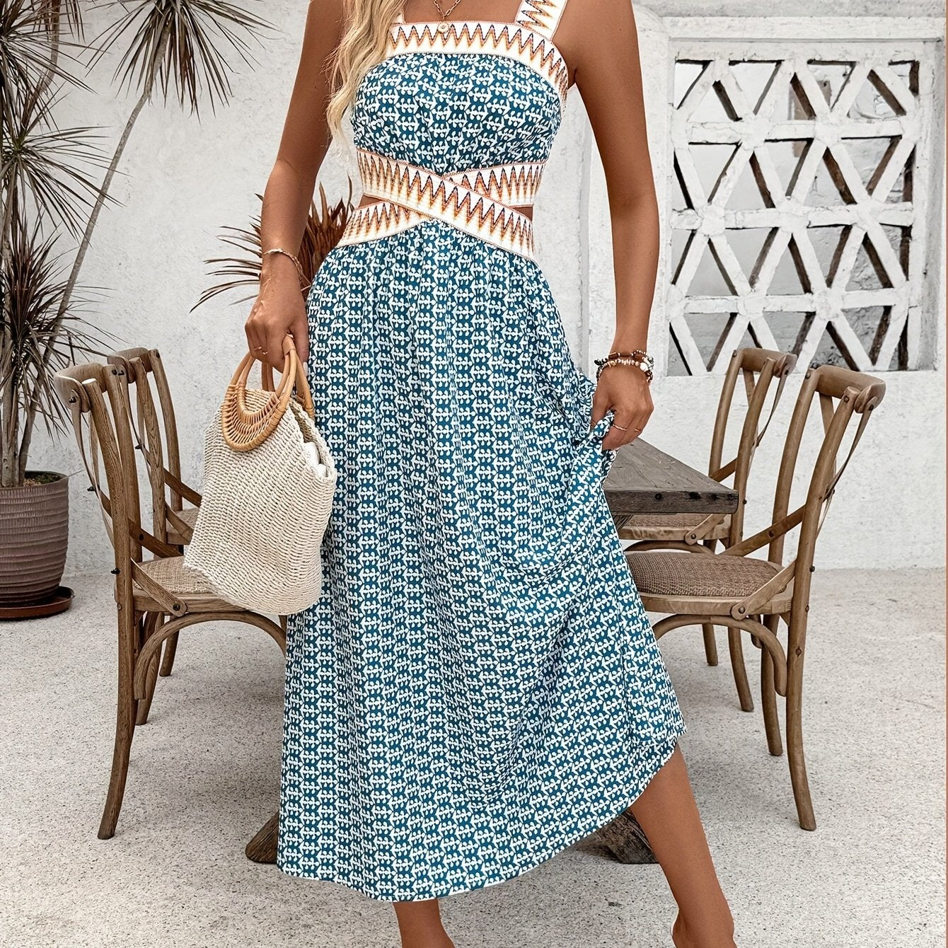 Stilvolles Ärmelloses Strandkleid mit geometrischem Muster – Einfarbig