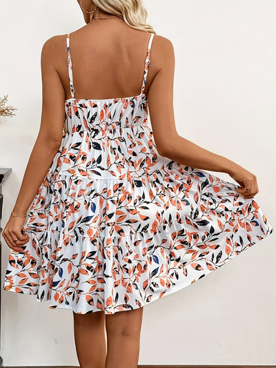 Weißes Trägerkleid mit Volant und Blätterprint