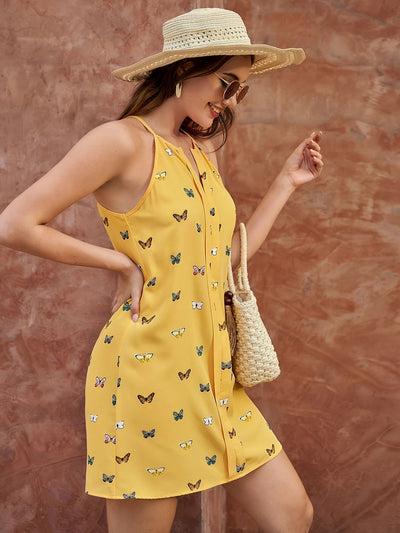 Schickes Gelbes Ärmelloses Kleid mit Schmetterlingsmotiv – Sommerliche Eleganz