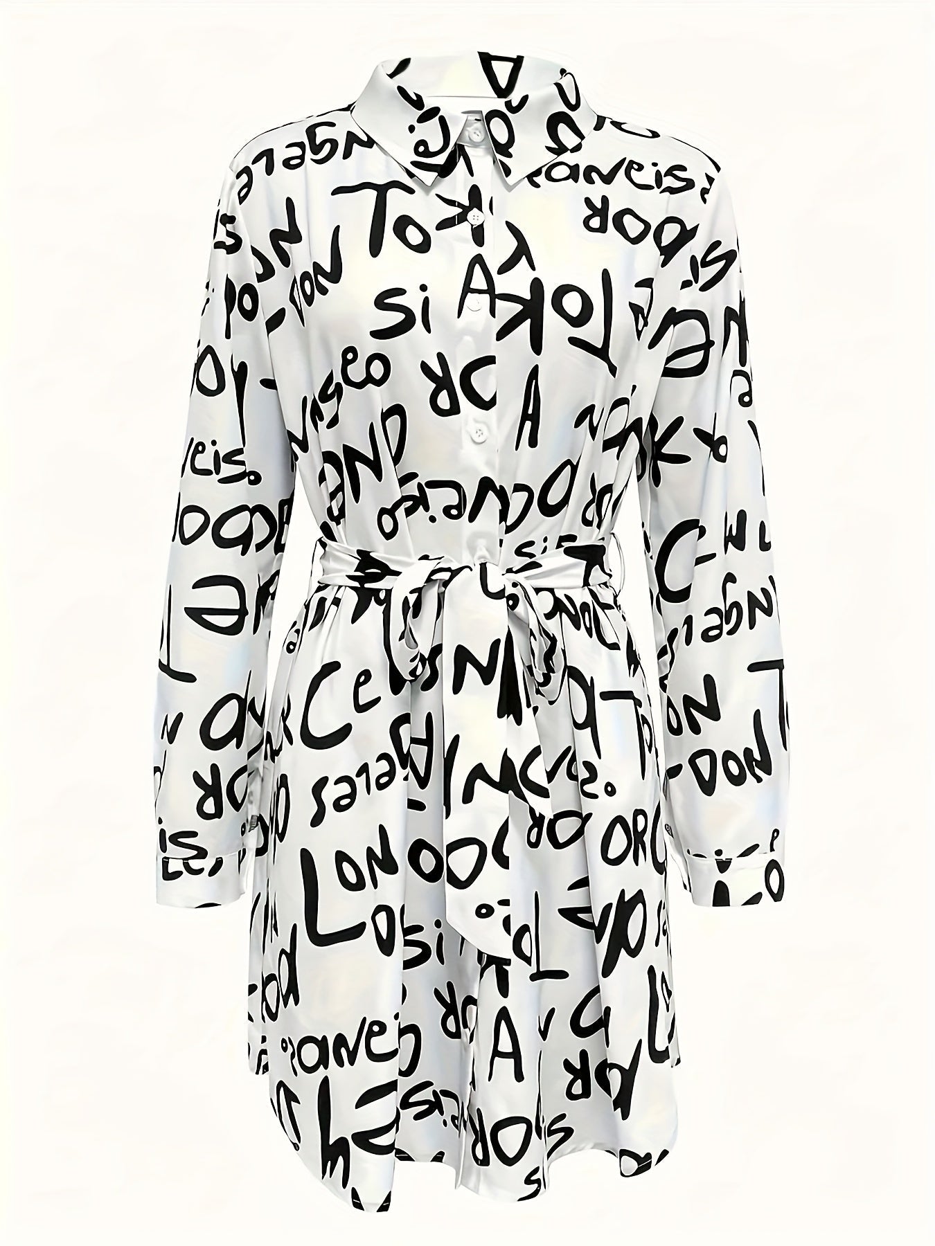 Langes Damenkleid mit Buchstaben-Print und Gürtel