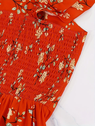 Ärmelloses Damenkleid mit roten Blumen, quadratischer Ausschnitt Fluid-Schnitt