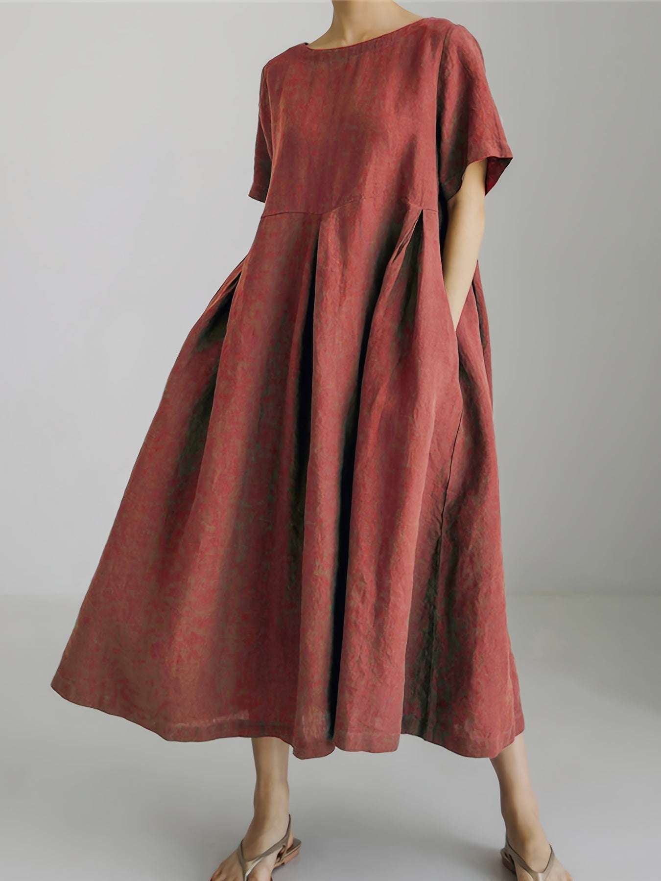 Leinen-Mix Midi-Kleid mit Taschen – Kurzarm Hochtailliert Sommermode