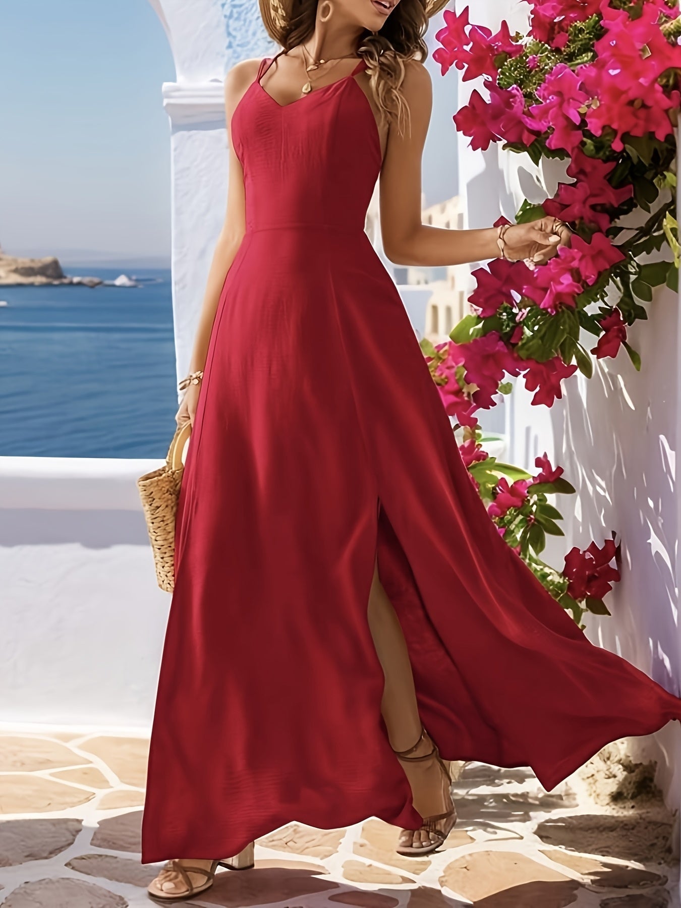 Grünes Maxikleid mit Schlitz und Spaghettiträgern