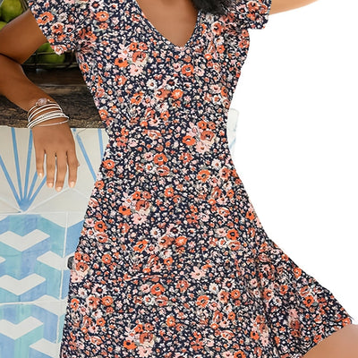 Florales Damenkleid mit frechem Ausschnitt und gegürtetem Petticoat - Multicolour