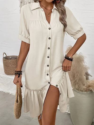 Beige Kleid mit Knöpfen Freizeitkleid mit Rüsche Polyester