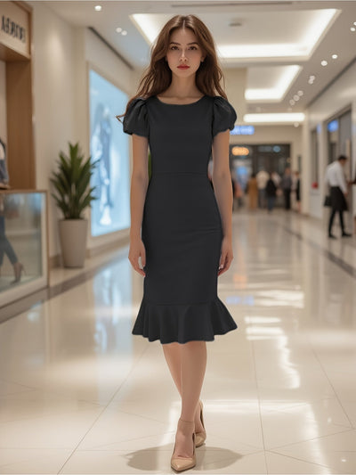 Elegantes A-Linien Kleid mit Puffärmeln Schwarz Blau