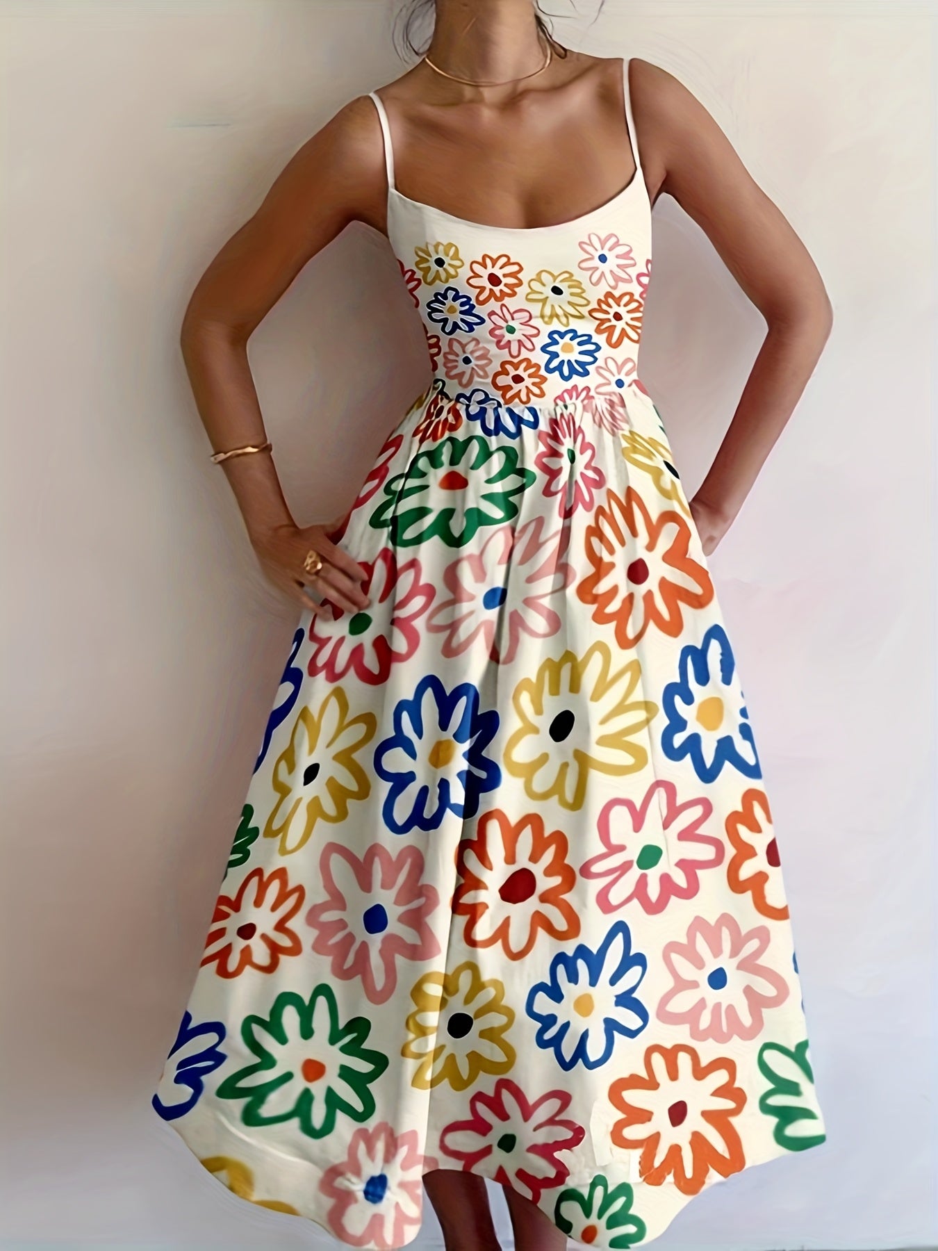 Weißes Maxikleid mit Blumenmuster, Carmen-Ausschnitt und Rüsche