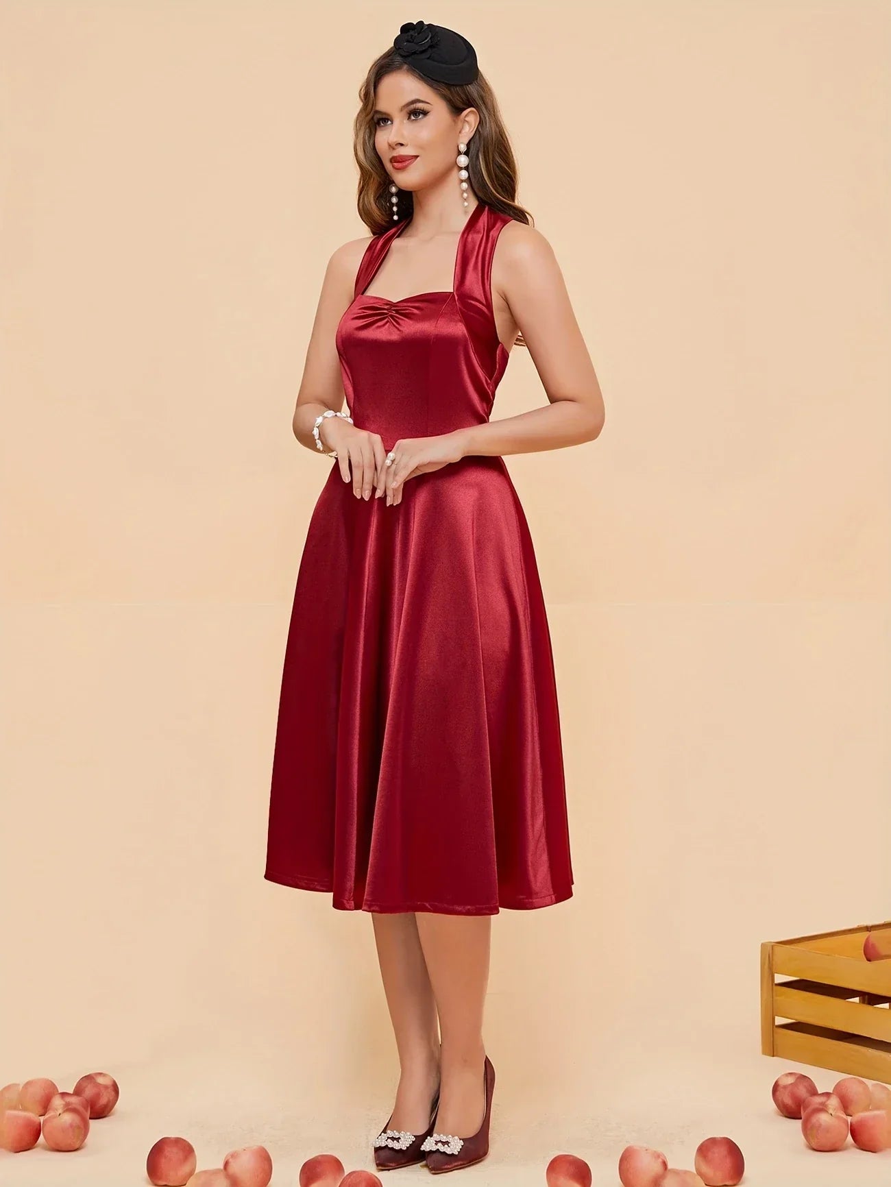 Satinkleid mit V-Ausschnitt – Rückenfrei, mit Rüschen, lang und luxuriös – perfektes Brautjungfernkleid für Hochzeiten